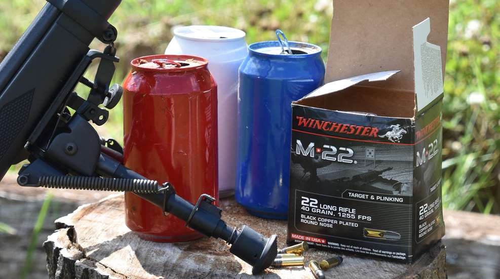 22 Rifle Ammo And Red White Blue Soda Cans Main